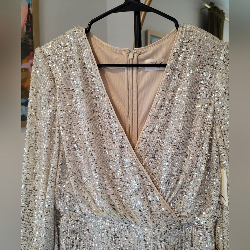 NWT Eliza J Sequin Long Sleeve Cocktail Dress Silver Blouson Size 6 - Picture 3 of 14